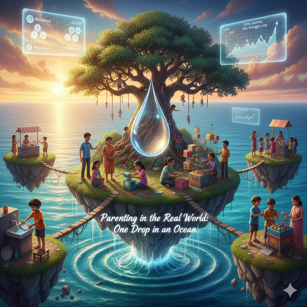 Parenting in the Real World Futuristic depiction of children in an Indian cultural context engaging in real-world tasks like cooking, selling, and building on floating islands, connected by bridges. A giant glowing water drop with ripples is central, beneath a 'resilience' tree, symbolizing core parenting lessons.