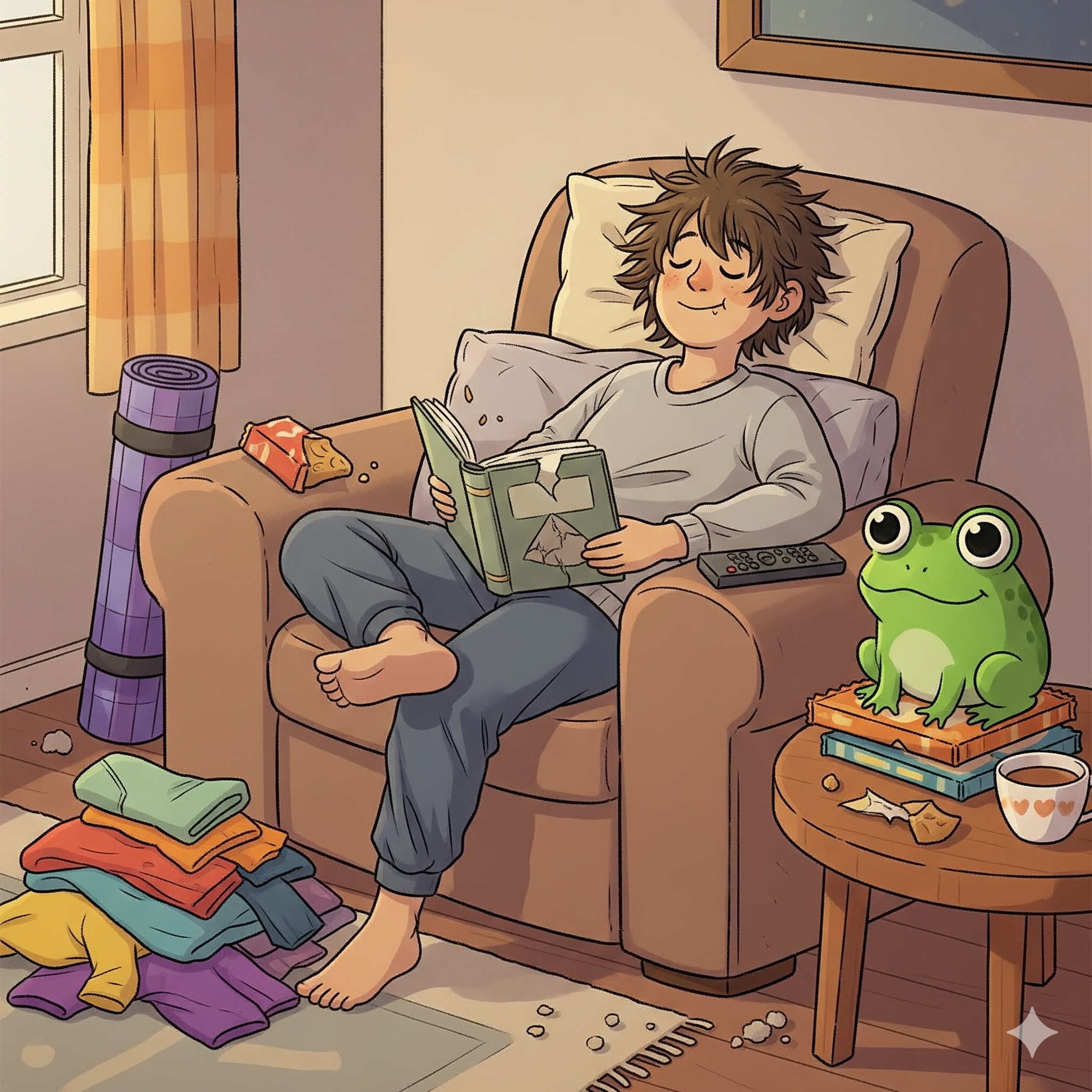 The Procrastinator's Best Life A humorous illustration of a person lounging in a chair with a book while a yoga mat sits idle and a frog is on a nearby table.