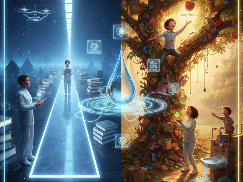 A striking split image contrasting two parenting philosophies: on the left, a sterile, controlled futuristic school with identical child robots and an adult holding a remote; on the right, a vibrant, natural setting with children climbing a 'resilience' tree and exploring, overseen by an empathetic adult. A central glowing drop with a question mark links both.