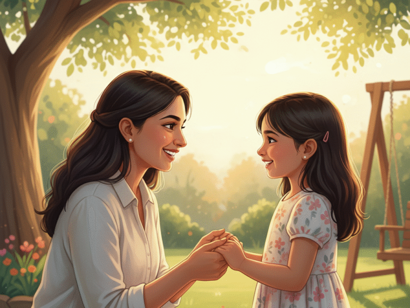 Parent and child holding hands, smiling and talking, symbolizing trust and honesty in parenting