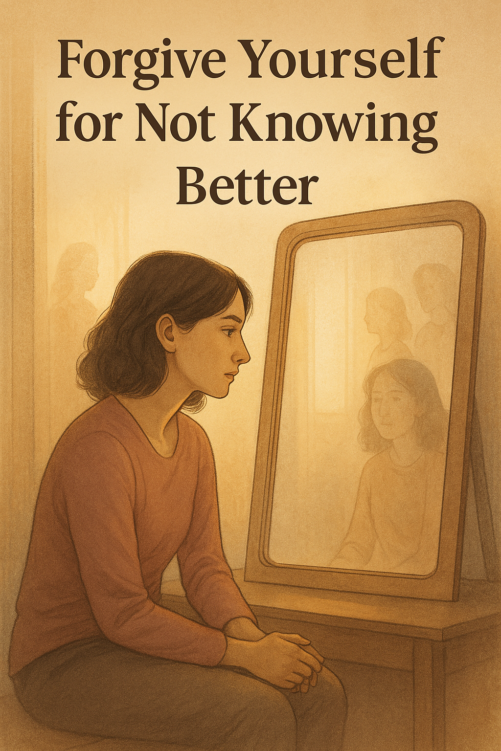 A reflective woman by a mirror at sunrise, symbolizing forgiveness, self-acceptance, and emotional healing.