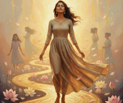 Symbolic image of a woman walking a golden path of self-forgiveness and emotional healing.