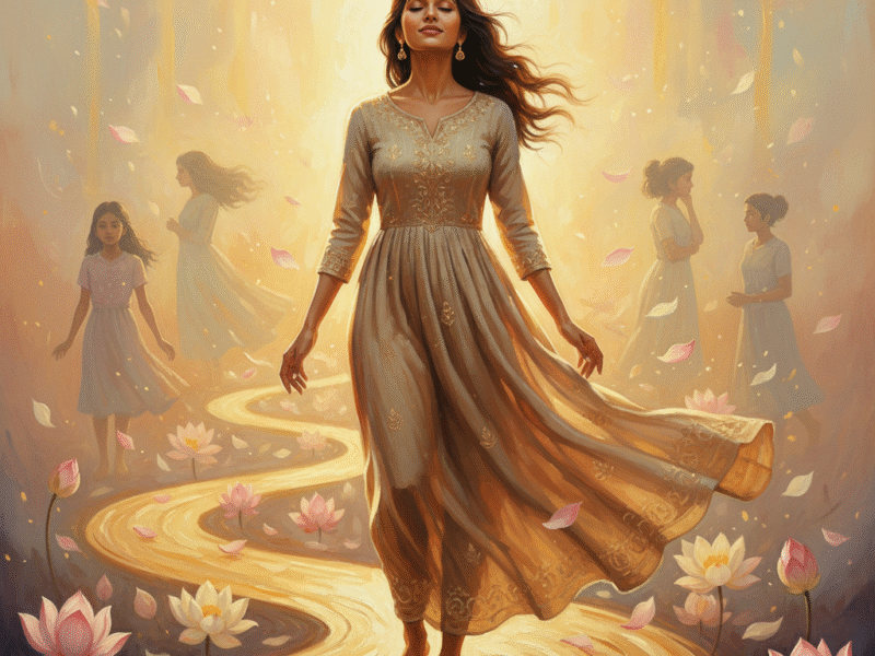 Symbolic image of a woman walking a golden path of self-forgiveness and emotional healing.