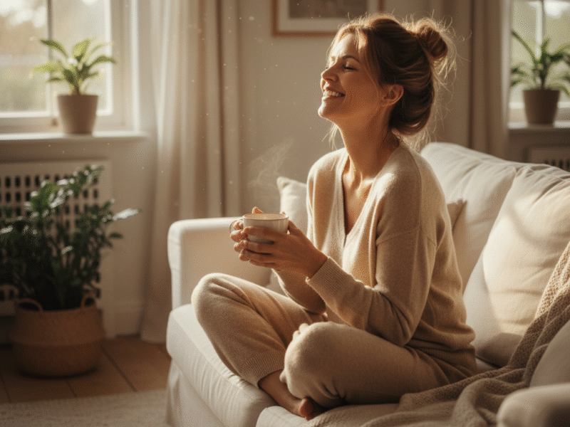 A woman in her 50s sitting cross-legged on a cozy couch, coffee mug in hand, laughing softly in warm morning light, symbolizing peace, humor, and self-acceptance.