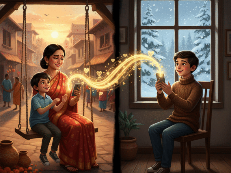 A mother in India and her child in Poland connected through love and video call, symbolizing distance, longing, and maternal strength.