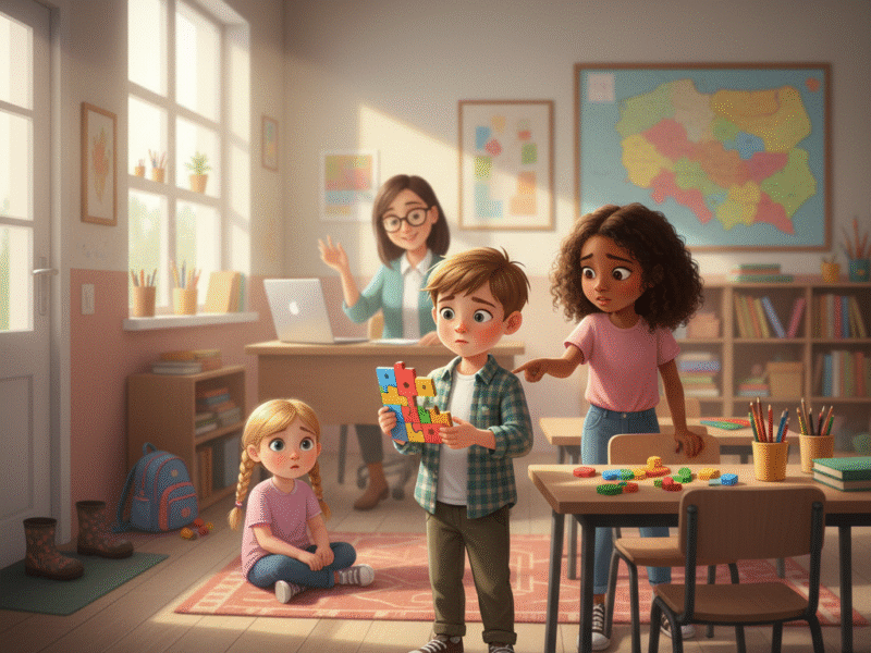 Children learning responsibility and resilience through everyday challenges, guided subtly by adults, reflecting emotional growth and life skills.