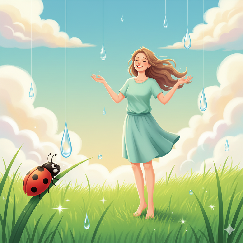 Childlike Curiosity Banner – Rediscover Joy & Mindfulness Adult and child walking barefoot on grass, enjoying nature’s wonders, with clouds, raindrops, and ladybug – playful and mindful lifestyle image.
