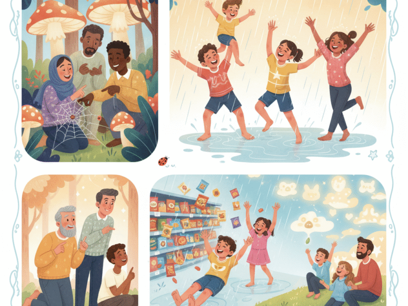 Adults and children playing in rain, walking barefoot on grass, noticing clouds and small wonders – joyful, mindful, and playful lifestyle illustration.