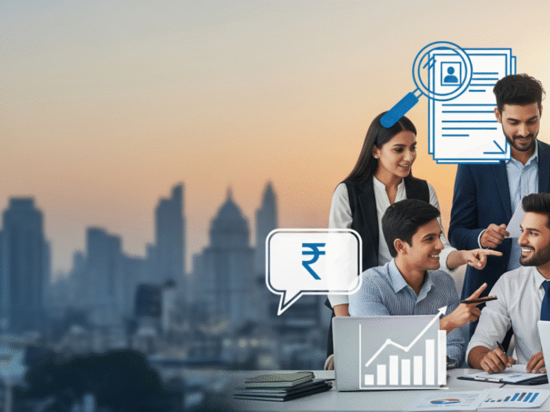 Indian professionals discussing job applications and salary expectations with a cityscape background.