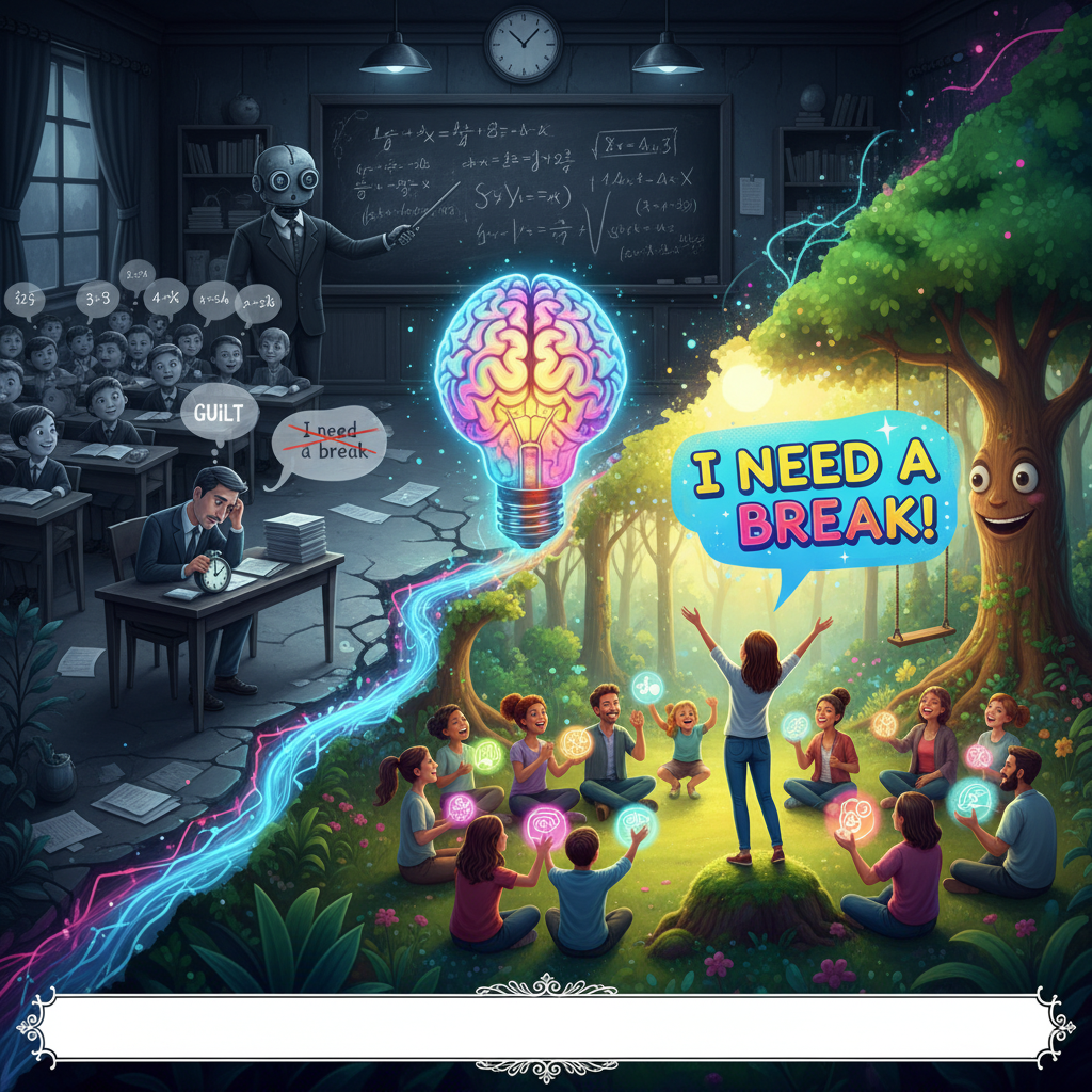 Redesigning the Syllabus: Emotional Intelligence vs. Facts A small, thriving green plant labeled 'Emotional Intelligence' breaks free from a rigid, dusty syllabus textbook labeled 'Facts.' Symbolizes the shift from old to new learning.