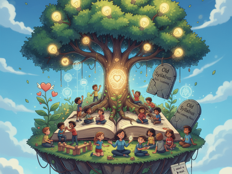 Conceptual illustration of a balance scale. One side holds a heavy, dark textbook labeled 'ACADEMIC FACTS.' The other side holds a light, glowing brain with floating heart and cloud icons labeled 'EMOTIONAL TOOLS,' which outweighs the book.