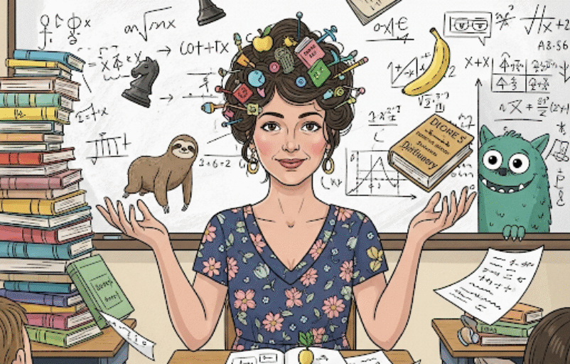 The Unpredictable Life: A Teacher's Guide A whimsical banner image of a female teacher in a dress with colorful hairpins, juggling a chess piece, a sloth, a banana, and a dictionary in a chaotic but humorous classroom. Hidden details include a friendly-looking monster and a tiny alien