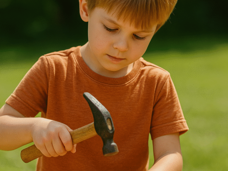 A young child's hands are a bit dirty with paint, holding a real hammer and nails on a piece of wood, looking focused and determined.