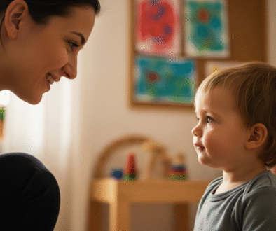 A smiling woman, likely a teacher or parent, kneeling down to make eye contact with a young child in a brightly lit classroom or home setting. The child is looking at the woman, and colorful artwork is visible on the wall behind them, conveying connection and understanding.