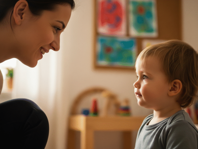 A smiling woman, likely a teacher or parent, kneeling down to make eye contact with a young child in a brightly lit classroom or home setting. The child is looking at the woman, and colorful artwork is visible on the wall behind them, conveying connection and understanding.