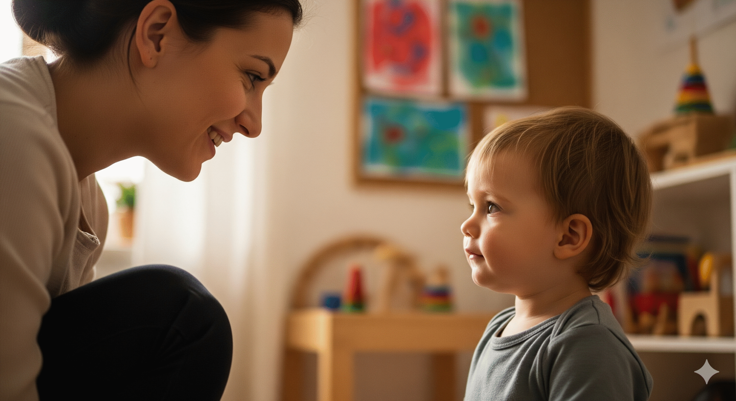 Child and Adult Making Eye Contact A smiling woman, likely a teacher or parent, kneeling down to make eye contact with a young child in a brightly lit classroom or home setting. The child is looking at the woman, and colorful artwork is visible on the wall behind them, conveying connection and understanding.