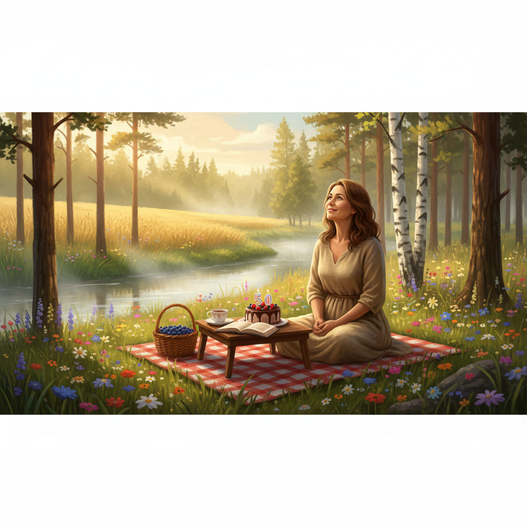 Woman celebrating her 50th birthday in a sunlit forest near a flowing river with wildflowers and a simple cake, symbolizing life, joy, and timeless reflections in Poland.