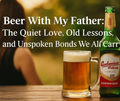 a Budweiser bottle with a beer mug foam spilling over.”
