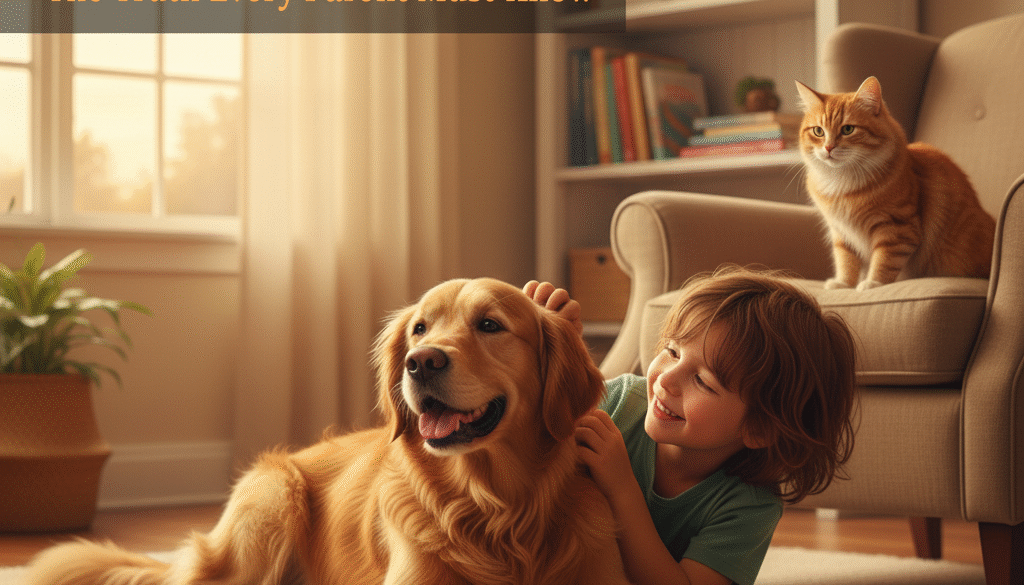 A young child happily petting a golden retriever dog on a rug in a living room, with an orange cat sitting on an armchair in the background. The text overlay reads: "Should You Get a Pet for Your Child? The Truth Every Parent Must Know.