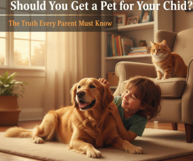 A young child happily petting a golden retriever dog on a rug in a living room, with an orange cat sitting on an armchair in the background. The text overlay reads: "Should You Get a Pet for Your Child? The Truth Every Parent Must Know.