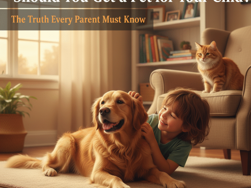 A young child happily petting a golden retriever dog on a rug in a living room, with an orange cat sitting on an armchair in the background. The text overlay reads: "Should You Get a Pet for Your Child? The Truth Every Parent Must Know.