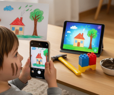 Innovating early childhood education: a child photographs their drawing as it's animated by AI on a tablet.
