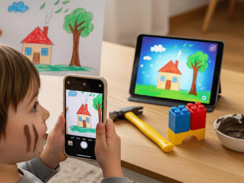 Innovating early childhood education: a child photographs their drawing as it's animated by AI on a tablet.