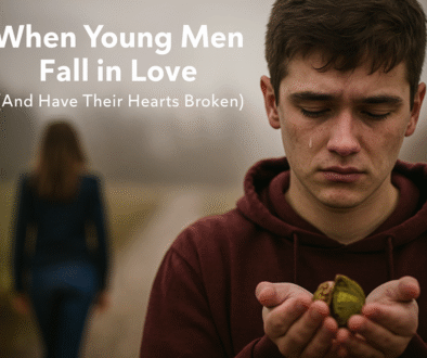 A young boy with tears on his cheek holds a half-open walnut, symbolizing fragile emotions, while a girl walks away in the background – representing the pain of young love and heartbreak.