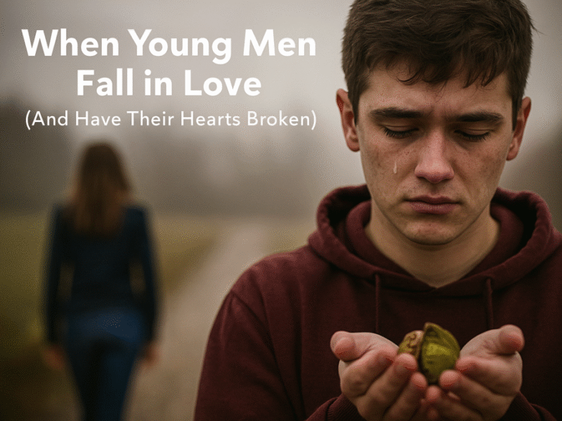 A young boy with tears on his cheek holds a half-open walnut, symbolizing fragile emotions, while a girl walks away in the background – representing the pain of young love and heartbreak.