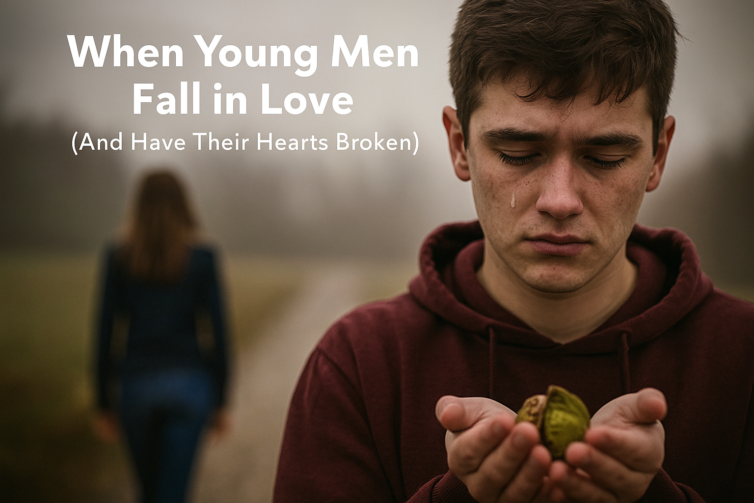 When Love Fades in Fog A young boy with tears on his cheek holds a half-open walnut, symbolizing fragile emotions, while a girl walks away in the background – representing the pain of young love and heartbreak.