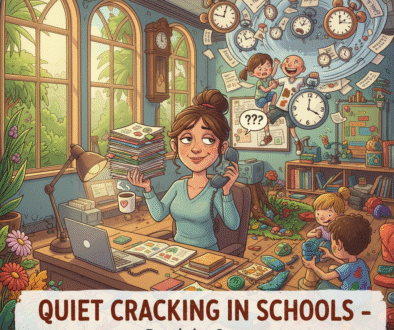 A stressed-but-smiling teacher juggles messy students and a ticking clock. The classroom is chaotic, filled with children playing with paint, blocks, leaves, and clay amidst floating papers and quizzes.