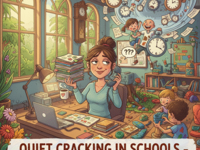 A stressed-but-smiling teacher juggles messy students and a ticking clock. The classroom is chaotic, filled with children playing with paint, blocks, leaves, and clay amidst floating papers and quizzes.