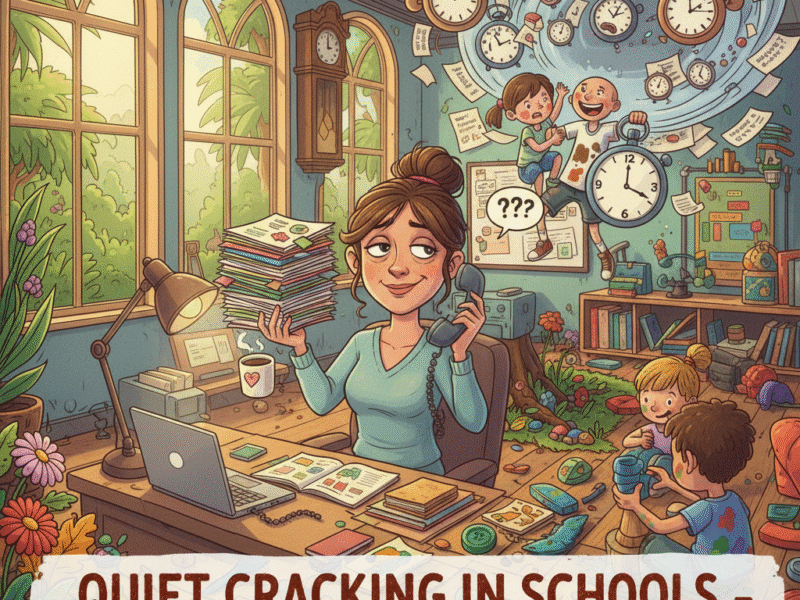 A stressed-but-smiling teacher juggles messy students and a ticking clock. The classroom is chaotic, filled with children playing with paint, blocks, leaves, and clay amidst floating papers and quizzes.