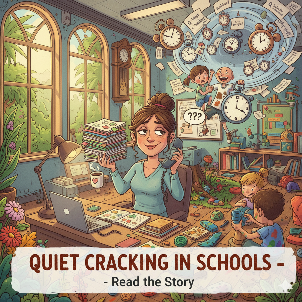Quiet Cracking in Schools A stressed-but-smiling teacher juggles messy students and a ticking clock. The classroom is chaotic, filled with children playing with paint, blocks, leaves, and clay amidst floating papers and quizzes.