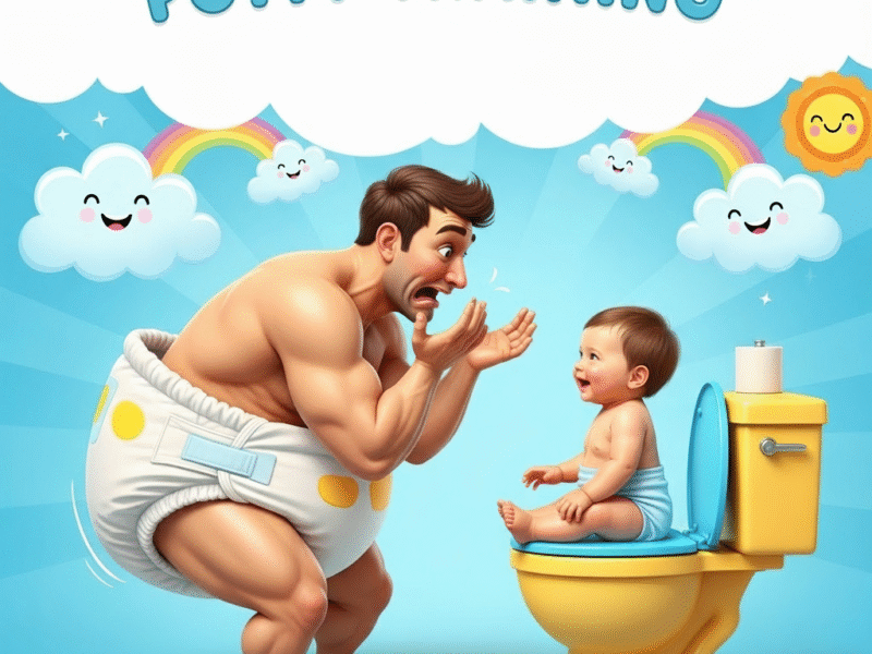 A humorous website banner for a potty training article, showing a large man in a diaper looking in bewilderment at a happy baby sitting confidently on a small toilet.