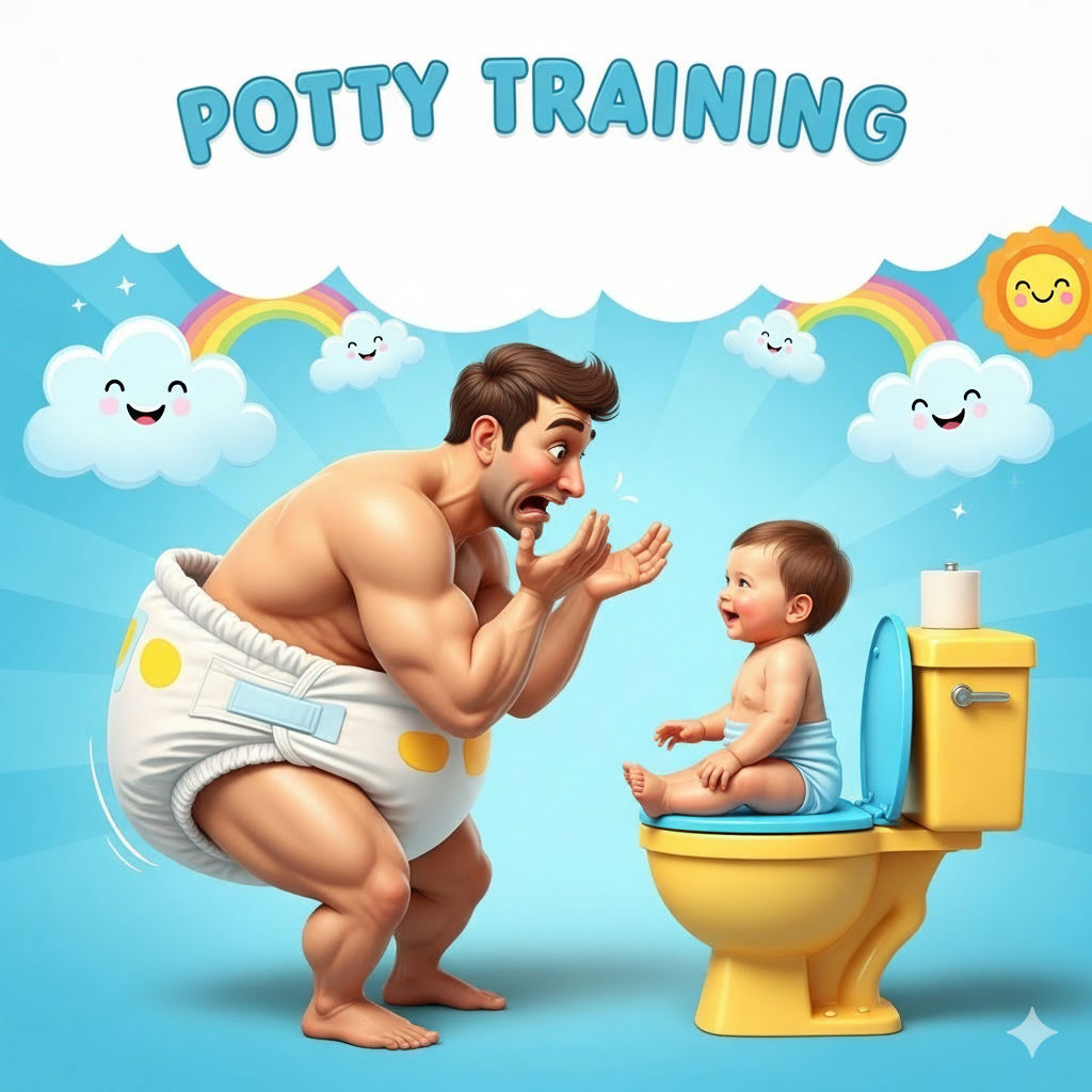 Potty Training Adventures: From Diapers to Toilets with a Little Help!2ntc7h2nt A humorous website banner for a potty training article, showing a large man in a diaper looking in bewilderment at a happy baby sitting confidently on a small toilet.