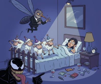Woman lying awake with drunk sheep and mosquitoes mocking her, funny surreal insomnia illustration.