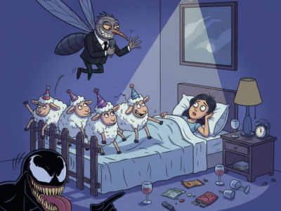 Woman lying awake with drunk sheep and mosquitoes mocking her, funny surreal insomnia illustration.