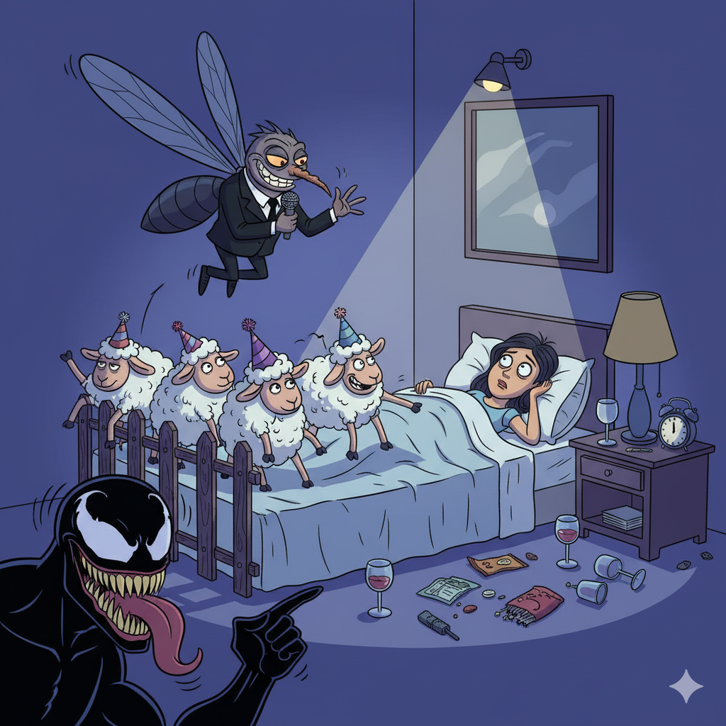 Funny sleepless night surreal insomnia art. Woman lying awake with drunk sheep and mosquitoes mocking her, funny surreal insomnia illustration.