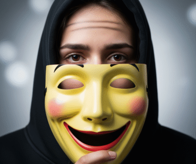 A person wearing a black hoodie holds a bright yellow mask with a wide, fake smile, revealing a sad or neutral expression in their eyes behind the mask.