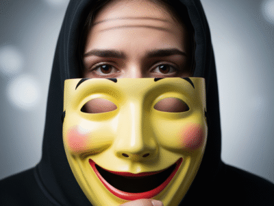 A person wearing a black hoodie holds a bright yellow mask with a wide, fake smile, revealing a sad or neutral expression in their eyes behind the mask.