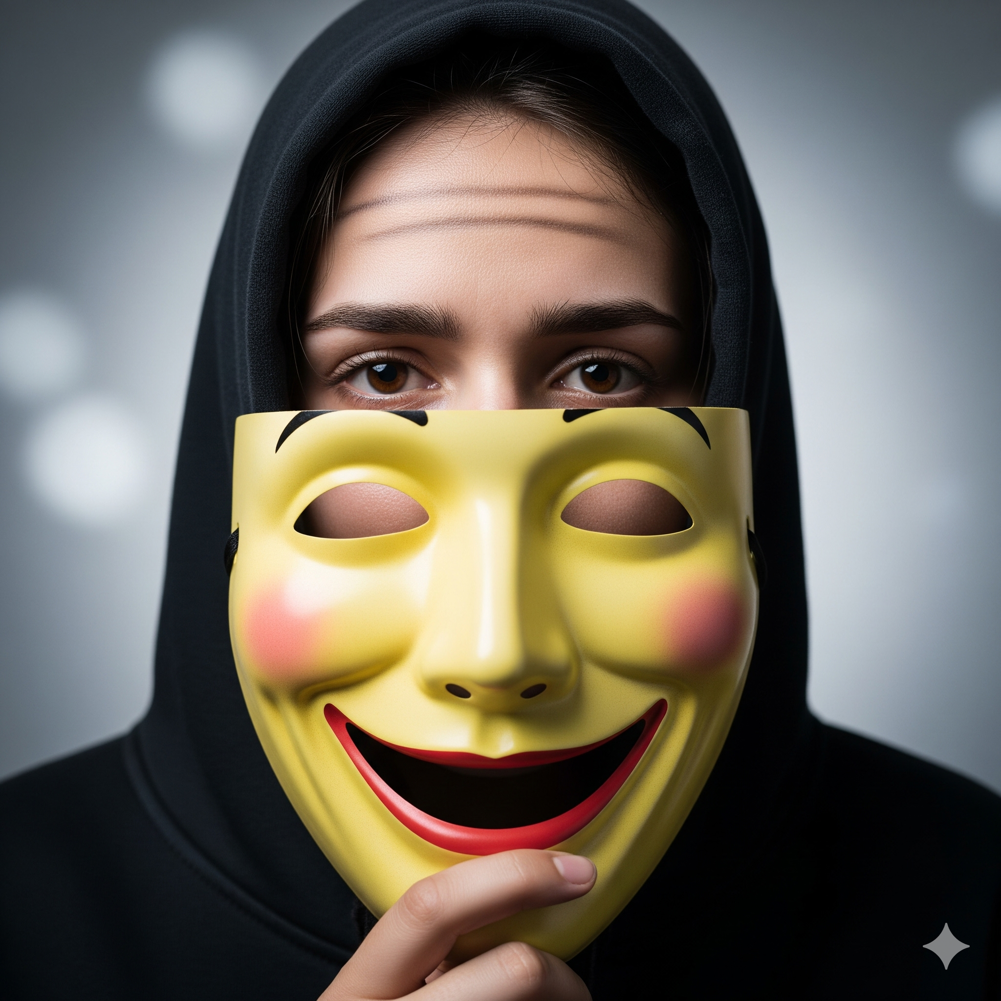 The Mask of Happiness: Unmasking the Tyranny of Positivity A person wearing a black hoodie holds a bright yellow mask with a wide, fake smile, revealing a sad or neutral expression in their eyes behind the mask.