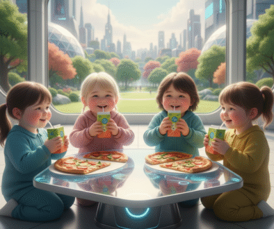 Future image of happy, slightly plump children joyfully eating pizza and drinking juice boxes in a clean, brightly lit setting. Emphasizes carefree childhood and simple pleasures.