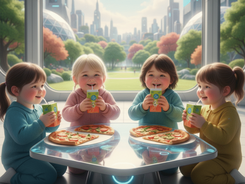 Future image of happy, slightly plump children joyfully eating pizza and drinking juice boxes in a clean, brightly lit setting. Emphasizes carefree childhood and simple pleasures.