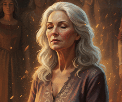 Close-up of a woman’s silver hair catching the glow of firelight, symbolizing wisdom, courage, and acceptance.