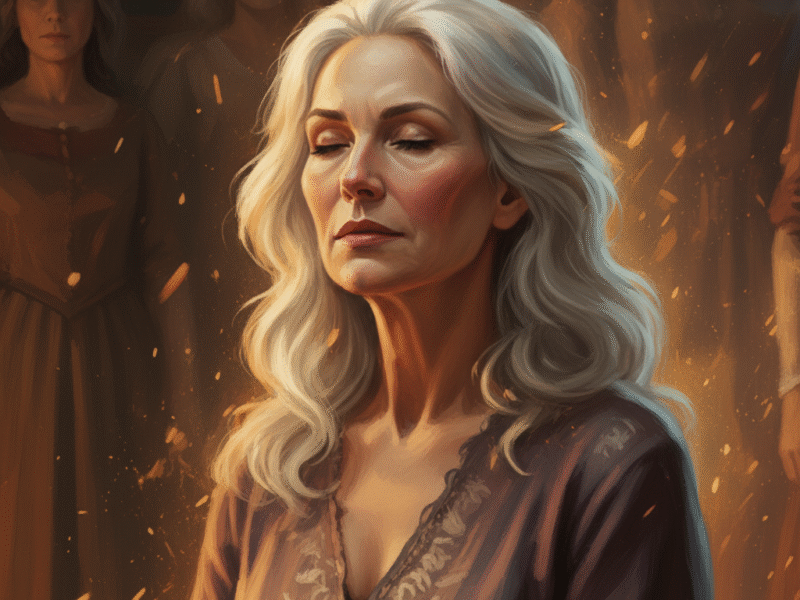 Close-up of a woman’s silver hair catching the glow of firelight, symbolizing wisdom, courage, and acceptance.