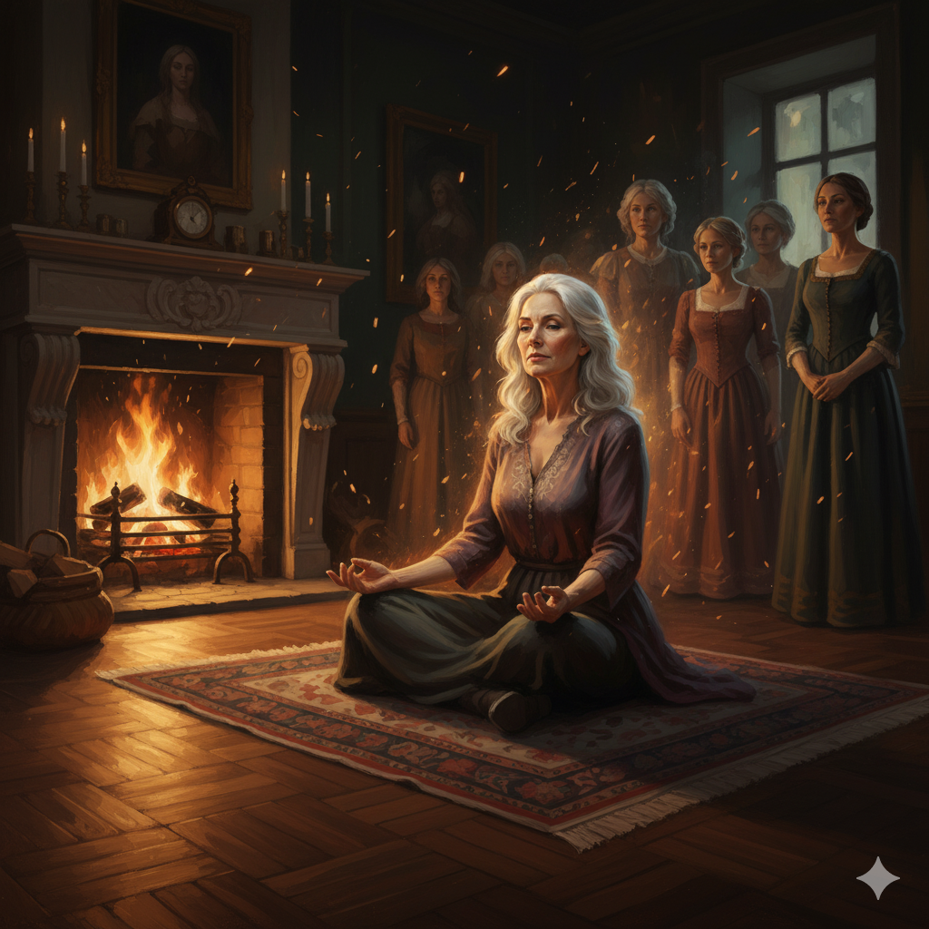 A thoughtful woman sitting near a glowing fireplace, reflecting in silence, symbolizing inner fire and resilience.