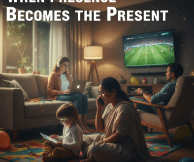Child engaged with a tablet while caregiver is on the phone, parents occupied with laptop and TV, illustrating the contrast between presence and material/digital distractions.