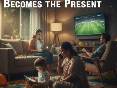 Child engaged with a tablet while caregiver is on the phone, parents occupied with laptop and TV, illustrating the contrast between presence and material/digital distractions.