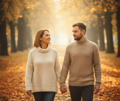 Mother and adult son walking in autumn park sharing quiet conversation.
